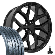 OE Wheels CV98 26x10 6x139.7 Gloss Black Wheels 295-30-26 Atlas Force UHP Tires TPMS SET