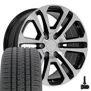 20" Replica Wheels fit GMC Sierra 1500 - CV99 Gloss Black Machined 20x9, Bridgestone Tires &amp; TPMS Set