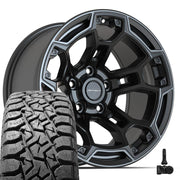 Set(4) 17x9 DF03 Satin Black with Dark Satin Charcoal 2-Tone - 5x127 -12ET with 33x12.50r17 TBB TS-57 RT Tires &amp; TPMS