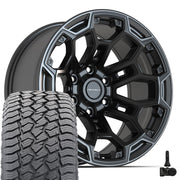 18" DEFIANT Wheels fit Ram 1500 - DF03 Satin Black with Dark Satin Charcoal 2-Tone 18x9, Sailun Tires &amp; TPMS Set