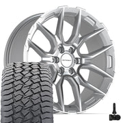 Set(4) 22x9 DF18A Gloss Silver Machined - 6x139.7 +18ET with 285/45r22 Sailun TerraMax AT2 Tires &amp; TPMS