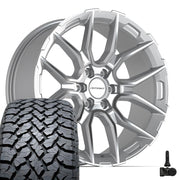 Set(4) 22x9 DF18A Gloss Silver Machined - 6x139.7 +18ET with 285/45r22 TBB TS-37 AT Tires &amp; TPMS