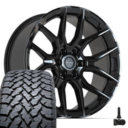 Set(4) 22x9 DF18B Gloss Black - 6x139.7 +18ET with 285/45r22 TBB TS-37 AT Tires &amp; TPMS