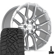 Set(4) 22x9 DF18B Gloss Silver Machined - 6x139.7 +18ET with 33x12.50r22 Sailun TerraMax RT Tires &amp; TPMS