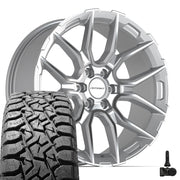 Set(4) 22x9 DF18B Gloss Silver Machined - 6x139.7 +18ET with 33x12.50r22 TBB TS-57 RT Tires &amp; TPMS