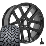 Set(4) 22x10 DG51 Gloss Black - 5x139.7 +25.4ET with 285/45r22 TBB TS-37 AT Tires &amp; TPMS