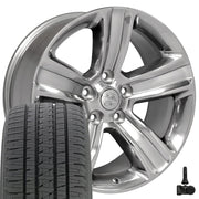 20" Replica Wheels fit Dodge Ram 1500 - DG65 Gloss Silver with Polished Face 20x9, Bridgestone Tires &amp; TPMS Set