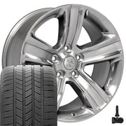 20" Replica Wheels fit Dodge Ram 1500 - DG65 Gloss Silver with Polished Face 20x9, Goodyear Tires &amp; TPMS Set