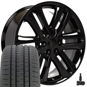 OE Wheels FR76 22x9 6x135 Gloss Black Wheels 285-45-22 Bridgestone Dueler Alenza HL Tires TPMS SET