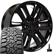 Set(4) 22x9 FR76 Gloss Black - 6x135 +44ET with 33x12.50r22 TBB TS-57 RT Tires &amp; TPMS